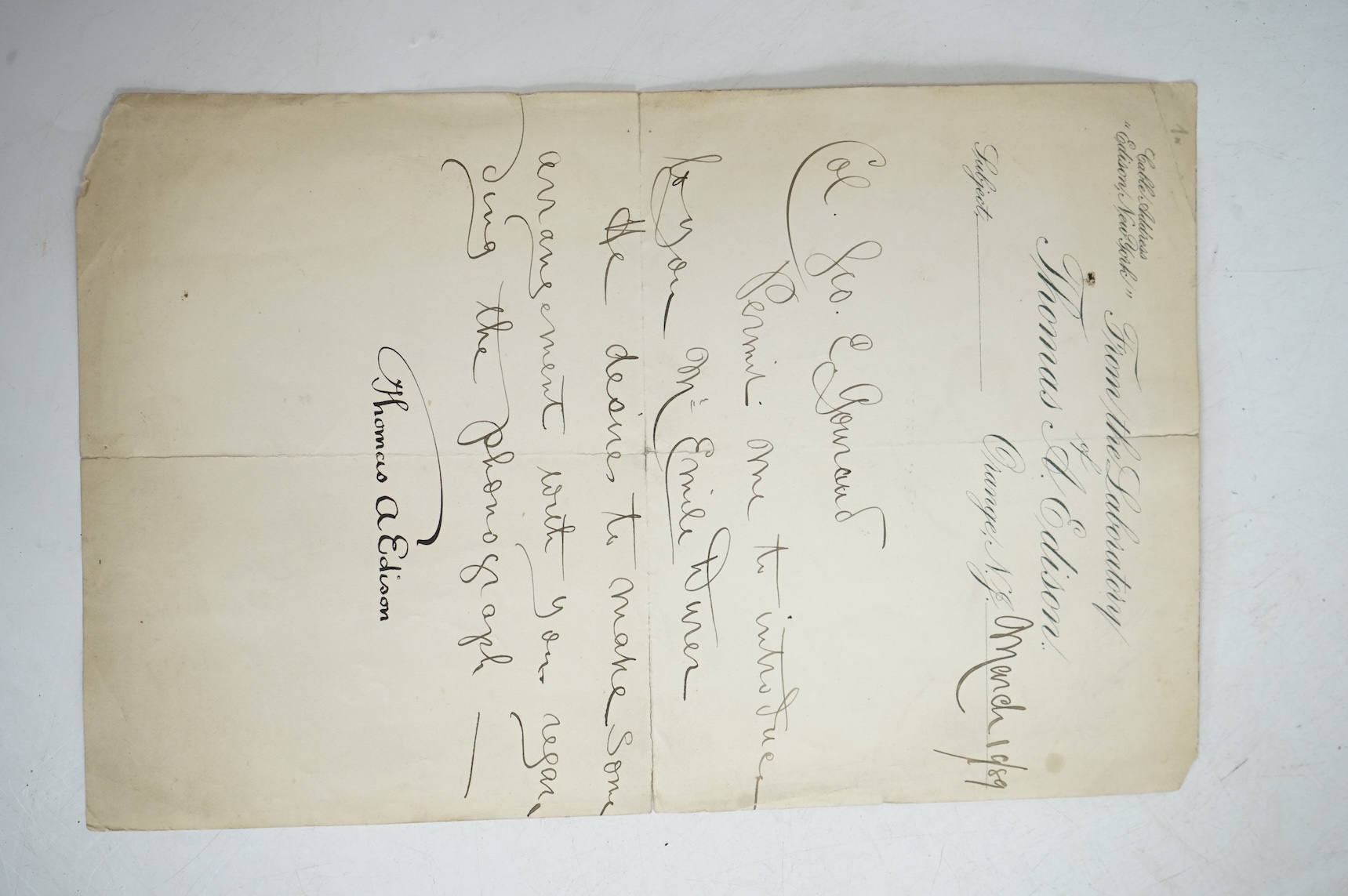 A handwritten letter signed by Thomas Edison on headed notepaper ‘ From the Laboratory of Thomas A. Edison, Orange, N.J., with Cable Address “ Edison, New York” to the top left corner and dated March 19th, 1889